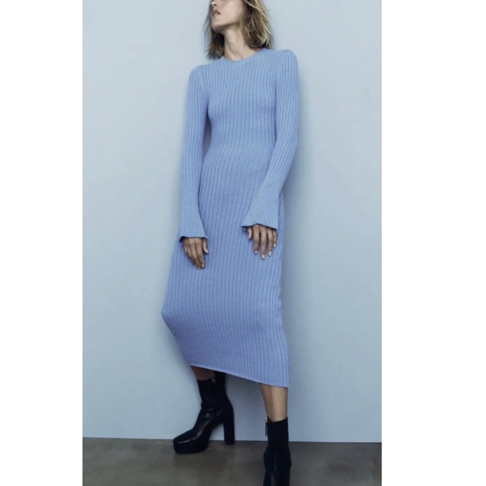 ZARA WOMAN NWT SS22 BLUE RIBBED KNIT DRESS ALL SIZE XS
